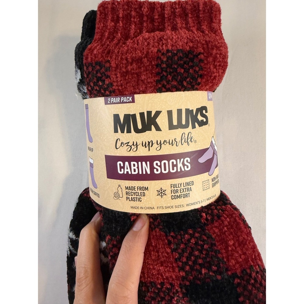 Muk Luks Cabin Socks 2 Pack Red Buffalo Plaid Snowflake Faux Fur Lined S/M